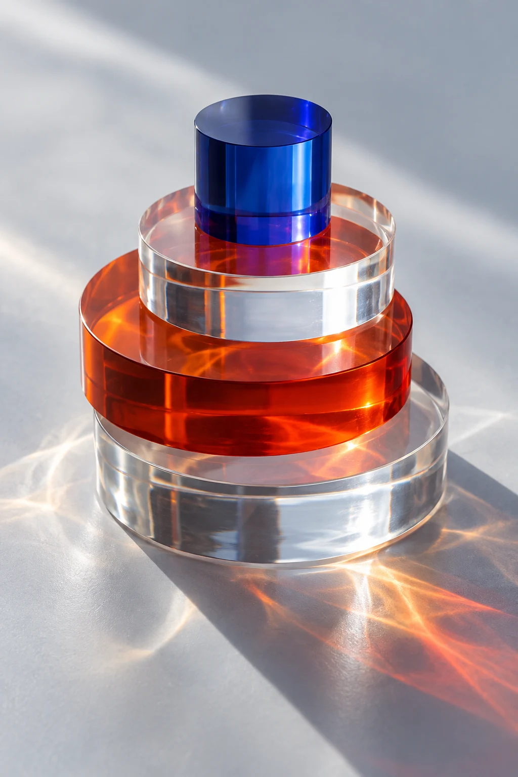 Stacked transparent acrylic forms in orange and cobalt