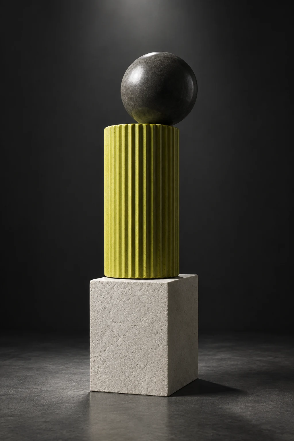 A charcoal sphere balanced on ribbed lime ceramic